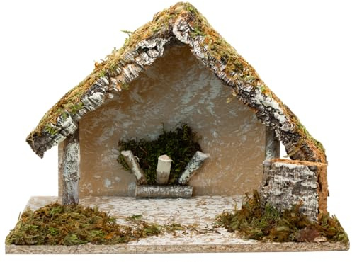 VILLAGE GIFT IMPORTERS Establo de belén de 9 pulgadas con detalles de musgo | Encantadora creche de mesa para Belén escena de pesebre de Navidad | Decoración tradicional religiosa cristiana para el
