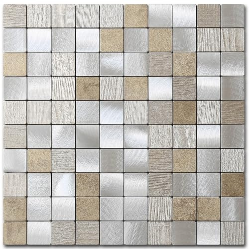 M MOFIT Fyrkantiga mosaik självhäftande väggplattor klistermärken kök, sten självhäftande kakel stänkskydd badrumspaneler (beige champagne 5 st)
