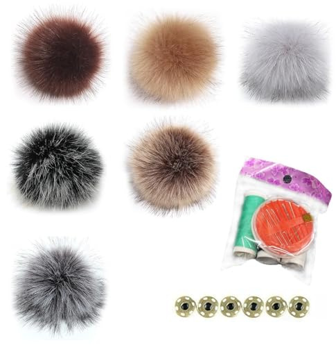 PARFCO 6 Pièces Pompon Fourrure pour Bonnet, Amovible Pompon Bonnet, avec Boutons Pression Pompom pour Bonnet, Six Couleurs, Kit de Couture Assorti, pour Chapeaux, Tricot, Écharpes