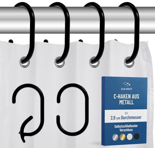 Blau Marité lot de 12 crochets en métal en forme de C pour rideau de douche, antirouille, anneaux décoratifs pour salle de bain, pour tringles jusqu’à 2,6 cm, noir jusqu’à 2,6 cm