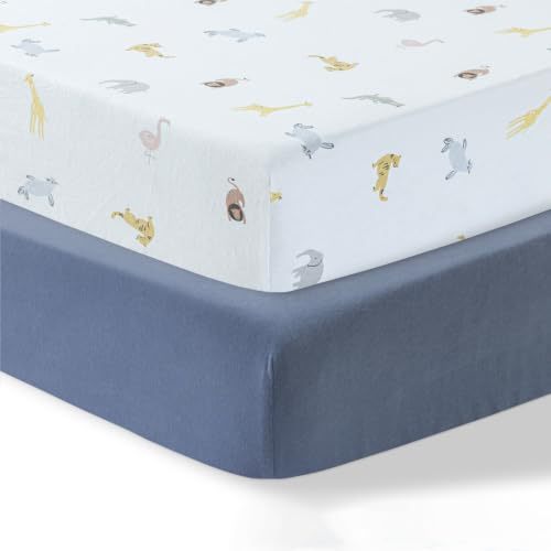Dreamology Cotton Cot Bed Sheets, 2 Pack, 100% Cotton Jersey CotBed Sheets | Soft & Breathable, Cot bed fitted sheets 140x70cm for Boys & Girls, Cot Bed Mattress Sheet & Crib sheets | Denim Blue, Animal
