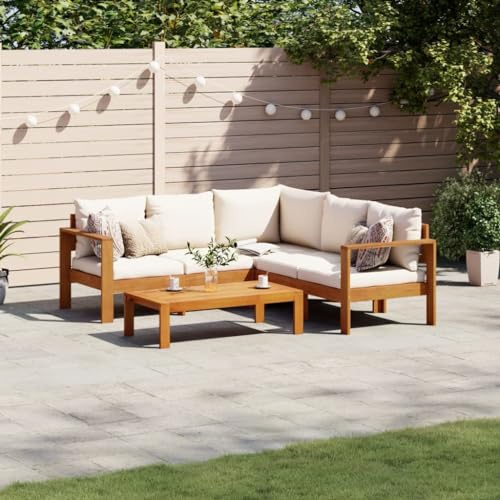 IKAYAA Sofá para jardín de Madera de Acacia, Sofa Jardin Exterior, Sofá de Esquina para Jardín Resistente a la Intemperie, Conjunto Jardín, Muebles Jardín Exterior 4 plazas-Type-1 Blanco Crema