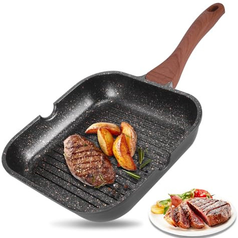 COZHYESS Nonstick Grilling Pan for Stove Tops with Wooden Handle - Induction Griddle for All Hobs, Non Stick Coating for Steak Cooking