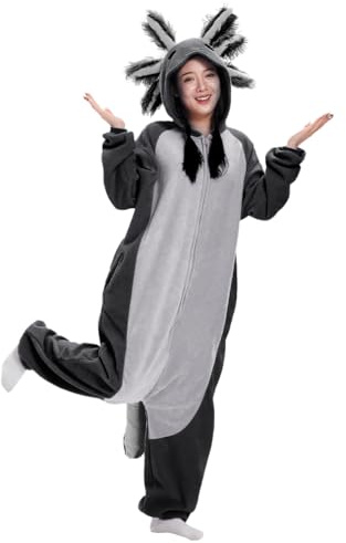 LANFAN Disfraz de Axolotl para adultos, pijama para hombre y mujer, unisex, cosplay, animal, ropa de dormir de peluche, mono para Halloween, Negro , S