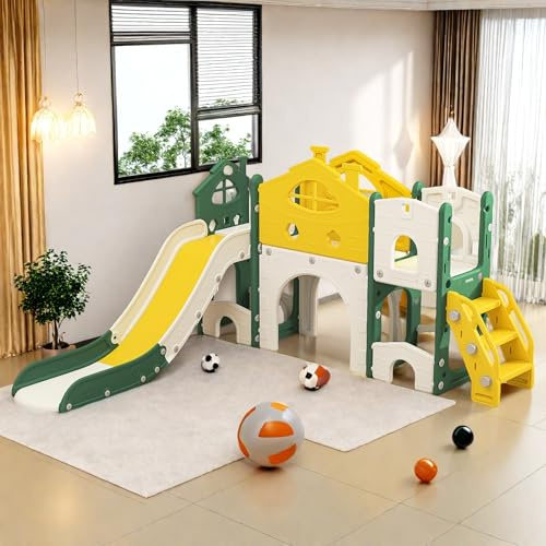 Scivolo per bambini 7 in 1, per esterni e interni, con cestino da basket, scaletta per arrampicata, spazio di archiviazione, scivolo per il giardino, parco giochi per bambini, per 1-3 anni, giallo