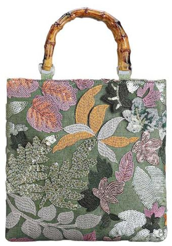 AMZGSHOP Floral Embroidery Sequin Tote Bag Gifts for Women, Bamboo Handle Bohemian Handbag Vintage Shopper Purse for Work Shopping Travel Festive Parties Street Photography-Green