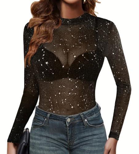 SZHUGEKI Maglia da Donna in Rete, Camicia Mesh Trasparente, Top da Donna A Maniche Lunghe in Rete, avec des Étoiles, Idéale pour Les Fêtes Et La Plage