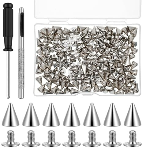 Qulkws 100 Stück Kegel Spike Nieten Punk NietenZiernieten Set Kleidung Schraubennieten Nieten-Spitz 7 * 10 cm für Taschen Lederband Kleidung Schuhe Wird mit Locher und Schraubendreher Geliefert