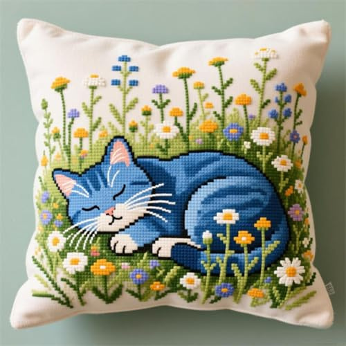 Wallphantom Cuscino Punto Croce,Gatto che dorme tra i fiori,Punto Croce Kit da Ricamare Prestampato,Cuscino Ricamato a Mano Set Fai da te per Adulti Principianti,45x45cm