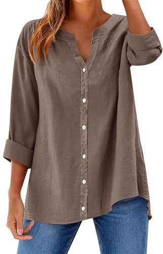 Rapbin Long Sleeve Tops Women Cotton V Neck Linen Shirt Ladies Clothes Button Down Casual Loose Elegant Blouses & Shirts Grey Brown S