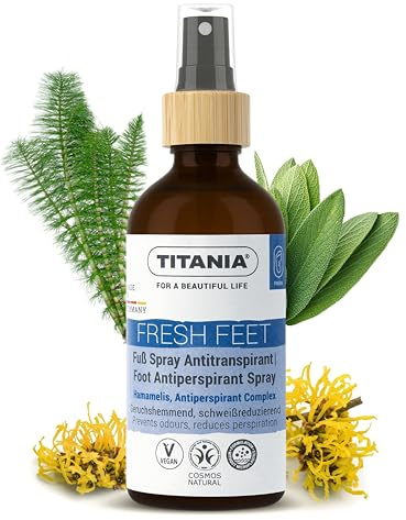 TITANIA Spray antitraspirante per piedi, 100 ml, spray antiodore, antibatterico, senza alcool e sali di alluminio, Foot antitraspirante spray con olio di tea tree, rosmarino e timo – COSMOS Natural