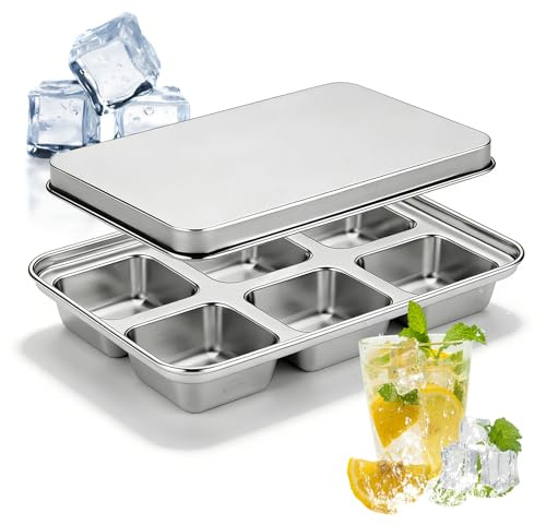 Confezione da 2 stampi per cubetti di ghiaccio in acciaio inox, 6 scomparti, con coperchio, grandi stampi per cubetti di ghiaccio, impilabili, senza BPA, per cocktail, whisky, vino, cioccolato, caffè