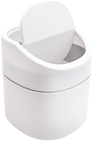 Fizleca Cestino da tavolo con coperchio, piccolo e pratico, in plastica, per soggiorno, ufficio, bagno e scrivania, capacità 2L per cosmetici, fazzoletti e rifiuti (Bianco)