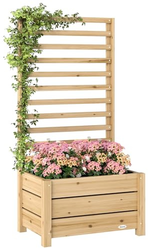 Outsunny Hochbeet mit Rankgitter Holz erhöhter Blumenkasten mit Spalier Abflussloch Vliesstoff, Pflanzkasten Pflanzkübel Blumenkübel Rankkasten für Kletterpflanzen Garten 60 x 39 x 120 cm Naturholz