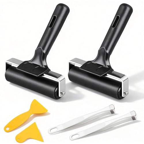 GWBPES 2 rulli in gomma da 10 cm, con 2 raschietti e pinzette, colore nero, per stampa linoleum, riutilizzabile, per timbri, carta da parati, artigianato