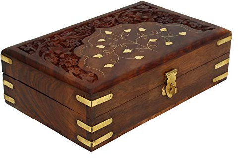 Ajuny Handmade Wooden Jewellery Box with Brass Inlay for Women | Hand carved Multipurpose Keepsake Storage Travel Organizer | Vintage Decorative Chest Trinket Holder Gift - 8x5