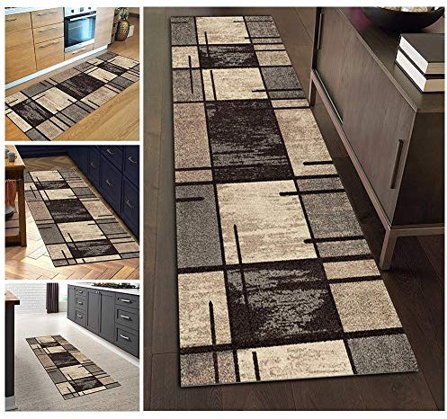ZVEZVI Teppich Läufer Flur Küche rutschfest Waschbar Braun und Grau 90X500CM Vintage Meterware, Teppichläufer Kücheläufer Polyester Anpassbar