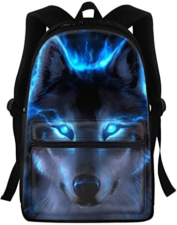 KUIFORTI Sac à dos loup bleu néon pour enfants, sacs d'école animaux 3D pour garçons adolescents, sac à dos décontracté unisexe pour ordinateur portable sac à dos
