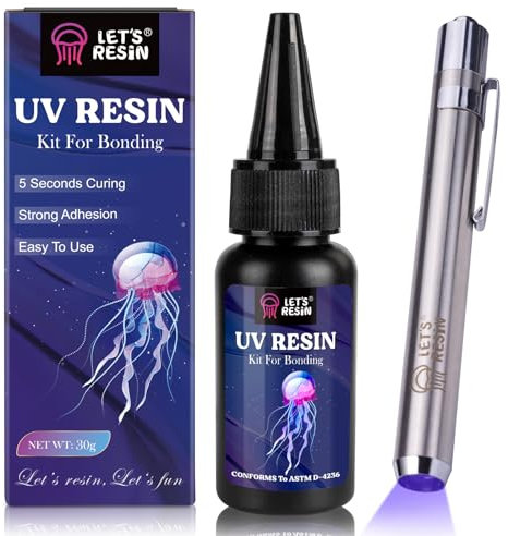 LET'S RESIN Colle avec Lampe UV, Collage & Durcissement en quelques secondes, 25g Resine UV pour Bijoux, le Soudage, la Réparation du Plastique, la Lumière en Verre