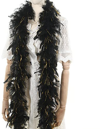 Larryhot Black with Gold Tinsel Boas - 45g 2 Yards Feather Boas for Party Bulk,Halloween,Wedding,Concert,Pet and Home Decoration(45g-Black Gold Tinsel)