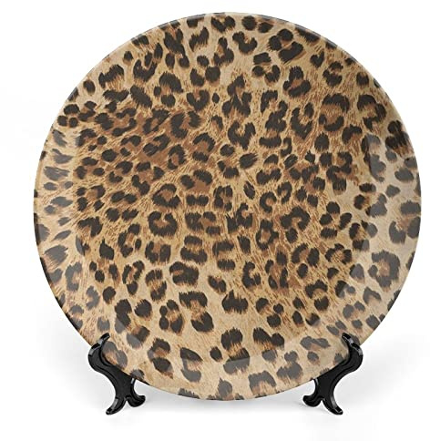 XISUNYA 8 Inch Decorative Plate, Leopard Print Tableware Plate, Wild Animal Skin Print Ceramic Wall Hanging for Fine Dining Upscale Events, Dinner Parties, Weddings, Catering, Pale Brown Black