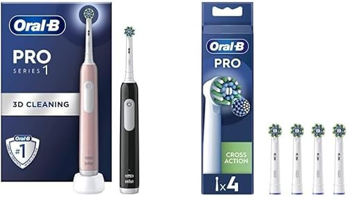 Oral-B Pro 1 Black & Pink Electric Toothbrush Duo Pack + Oral-B Pro Cross Action Electric Toothbrush Heads 4 Pack Bundle