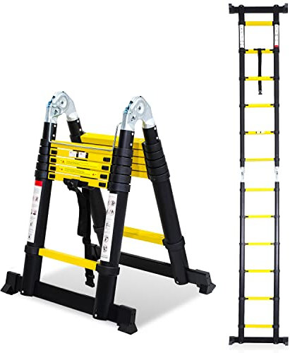 Gimisgu 3.8M (1.9+1.9) Teleskopleiter Klappleiter, Multifunktionsleiter Ausziehbare Teleskopleiter, Rutschfester Mehrzweckleiter Tragbar Alu Teleskopleitern Max Belastung 150 kg(Schwarz)
