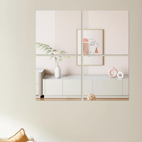Hode Self Adhesive Mirror Tiles Stickers, Plastic Acrylic Stick on Wall Mirror for Walls Wardrobe Doors Bathroom Children, Lightweight Non-glass Square Shatterproof, 20x20cm 4Pcs 2mm Thick