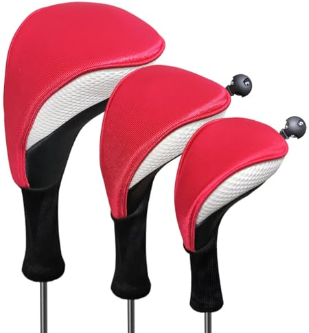 Scott Edward 3Pcs Golf Club Head Covers for Fairway Driver Hybrid Wood, Long Neck Mesh Golf Club Headcovers Set with Interchangeable Tags(Red White)
