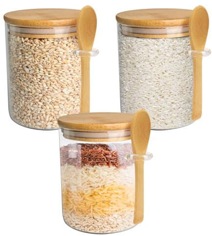 MoYouno Glass Containers Jars with Bamboo Airtight Lid and Spoon,600ML Glass Food Storage Canisters, Kitchen Food Storage Jars, Home Kitchen Organizer for Coffee,Flour, Sugar (3)