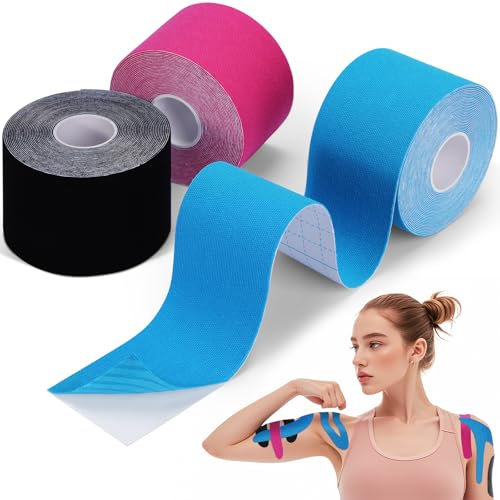 Oamwrae 3 Rouleaux Strap Sport, 5m x 5cm Tape Kinesiologie, Respirant et Élastique Bande de Kinesiologie pour Genou, Exercice, Utilisation Quotidienne (Bleu, Rose, Noir)