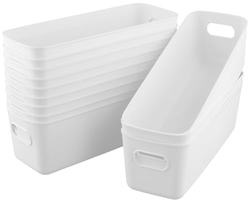 CHIHEUNG 15 PCS Narrow Storage Baskets, Kitchen Cupboard Organiser, White Plastic Organiser Boxes with Handles for Kitchen, Shelves, Bathroom, Cupboard