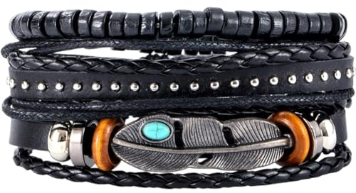 GORGECRAFT Braccialetti Multistrato in Pelle PU, Fatti A Mano, in Lega, con Piume, Intrecciati, con Perline di Legno, Regolabili, Vintage, Tribali, Etnici, in Corda, per Uomo e Donna, Regalo (Nero)