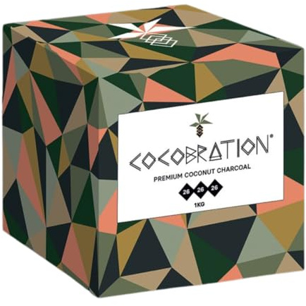 Cocobration Premium Shisha Kohle Kokoskohle Naturkohle Kokosnuss und BBQ Kokos Coal Briketts für Wasserpfeife & Grill Würfel Kohlen & Grillkohle mit Langer Brenndauer (26er, 20kg)