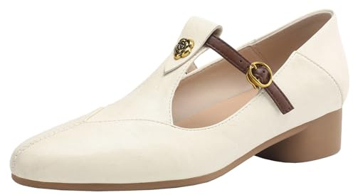 XIEPP Decolleté da donna a T con tacco a blocco, design confortevole, beige., 35 EU