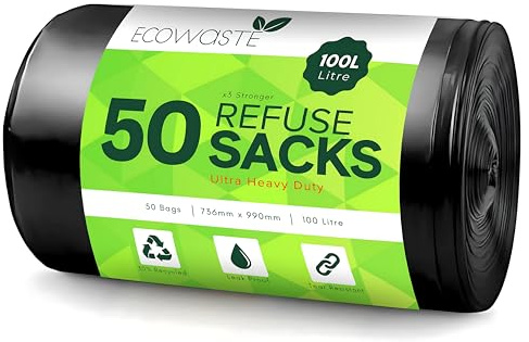 Ecowaste™ 50 Everyday 100L Large Bin Bags, Leak-Proof Recycled Black Garbage Sacks | Heavy Duty, Tear-Resistant, Odour Control | Perfect for Home & Kitchen Waste Management (50 Bags)
