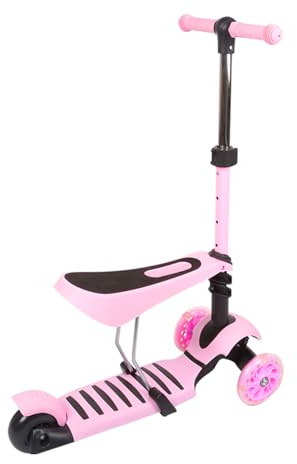 Sparkcykel med säte, skoter för barn, 3 LED-hjul, LED-halkfri bricka, höjdjusterbar trehjuling, 3 i 1 (d) rosa