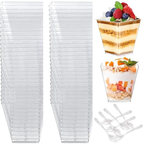 Binnan 50 Piezas 2oz/60ml Vasos de Postre, Tazas de Postre, con 50 cucharas, Reutilizables, Vasitos para Postres Transparentes, para Pudín, Yogur, Mousse, Helado, Bodas, Cumpleaños