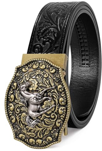 SANSTHS Black Cowboy Belt Leather Ratchet Belt for Men