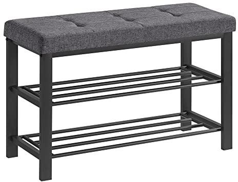 SONGMICS Shoe Bench, Storage Bench, Entryway Bench with Cushion, Shoe Shelf with Seat, Space-Saving, Modern Style, for Living Room, Bedroom, Hallway, Dark Gray and Ink Black ULBS57GYZ