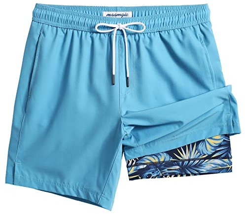 maamgic Mens Swim Trunks with Compression Liner 7 Inch Inseam Mens Bathing Suit Quick Dry Swimming Trunks Swimsuit Blue Leaf Medium