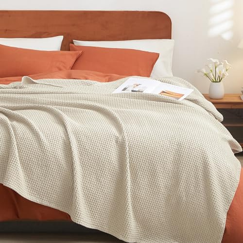 PHF 100% Cotton Waffle Weave Blanket Twin Size for Bed, Snag Proof Lightweight Breathable Moisture-Wicking Throw for Couch, Great for Layering in Cold, Machine Washable, Home Decor Gift- Linen/Stone