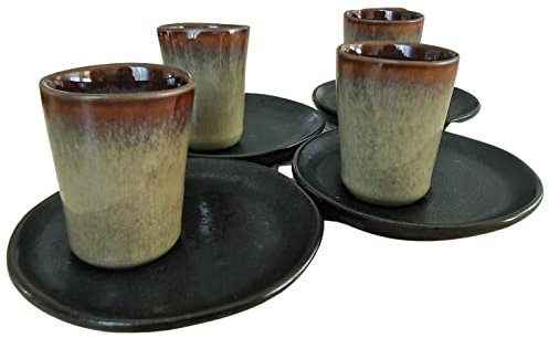 PintoCer - Juego de Tazas para Café Espresso en Ceramica de Gres sin Asa (Verde/Negro, 4)