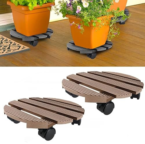 YUENFONG WPC Pflanzenroller 30 x 30 cm Rollbrett Pflanzen mit PP-Räder, 2 Stück Untersetzer Blumenroller für Außenbereich und Innenbereich, Tragkraft max. ca. 100 kg (Braun, Rund)