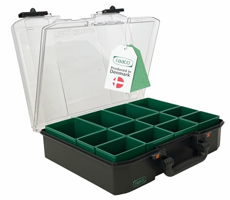 raaco CarryLite 80 4x8-12: Caja Organizadora Premium para Taller con Tapa Sandwich, 12 Compartimentos, Maletín para Piezas Pequeñas, Capacidad Carga 10 kg, Almacenamiento Seguro, 33,7 x 27,8 x 8,2 cm