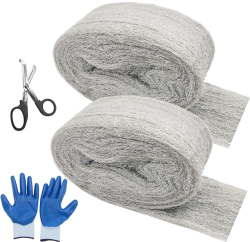 WANYIG Stahlwolle 0000 Gegen Mäuse - Steel Wool Fein Mit Schere Und Arbeitshandschuhen für Küche Reinigen, Polieren, Löcher Und Wand Risse Von Haus, Garten (000#, 2 Rollen)