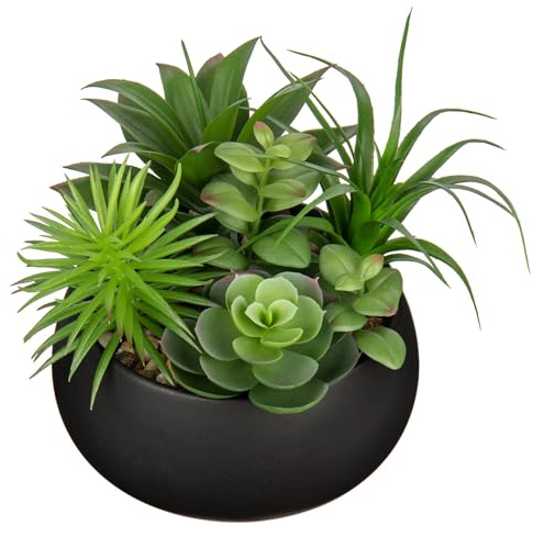 Arborus Fake Plants 17cm Artificial Succulent Plants in Black Ceramic Pot Faux Succulents Artificial Succulents Potting Small Artificial Plants in Pot for Office Home Bathroom Shelf Decor