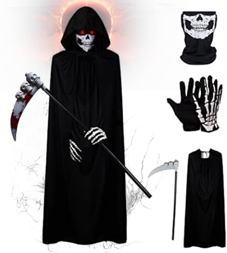 Sinoeem Costume de faucheuse noire 4 pièces - Déguisement de faucheuse squelette d'Halloween - 140 cm - Cape noire avec lunettes lumineuses - Costume de mort - Accessoires de cosplay pour adultes et
