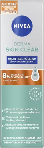 NIVEA Derma Skin Clear Nacht Peeling Serum, Gesichtspflege für ein sichtbar verbessertes Hautbild, porenverfeinerndes Niacinamide Serum Peeling mit AHA & BHA (40 ml)