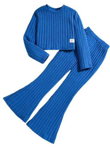 Ensemble Fille 7-12 Ans Chic et Elegant Hiver Pull Fille ado Courte Leger Doux Automne Haut Top Manche Longue uni Printemps Pantalons Fille Evase Tenue Enfant Fille a la Mode (Blue, 9-10 Ans)